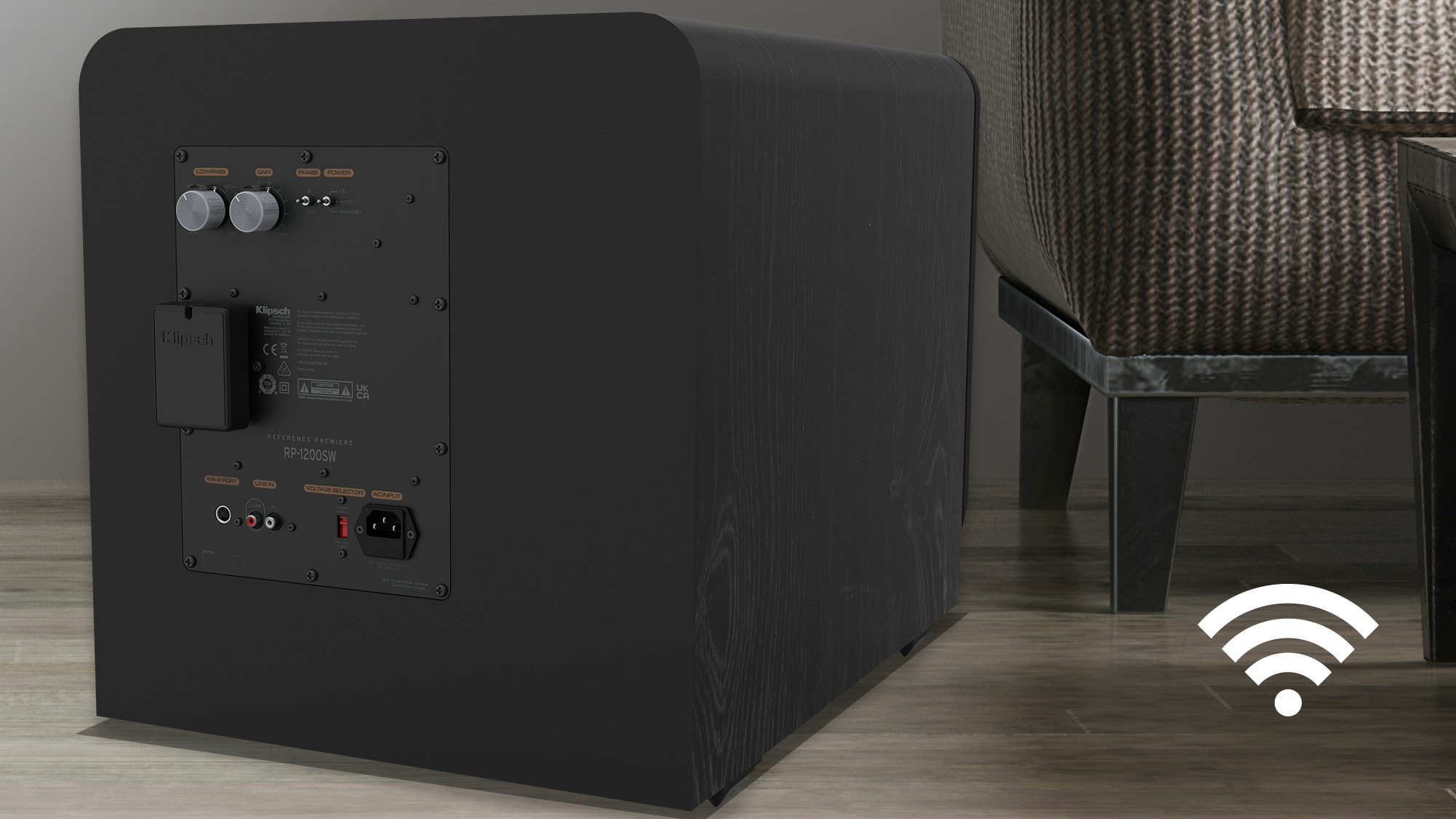 Rear view of a RP 1200 SW with a WA 2 Wireless Subwoofer Kit installed
